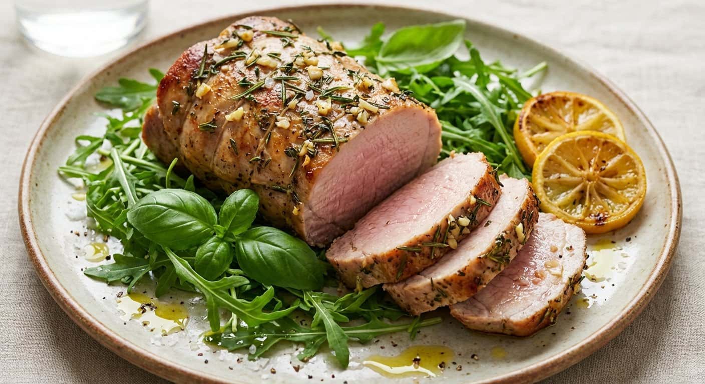 Lomo de cerdo al horno con rúcula y albahaca