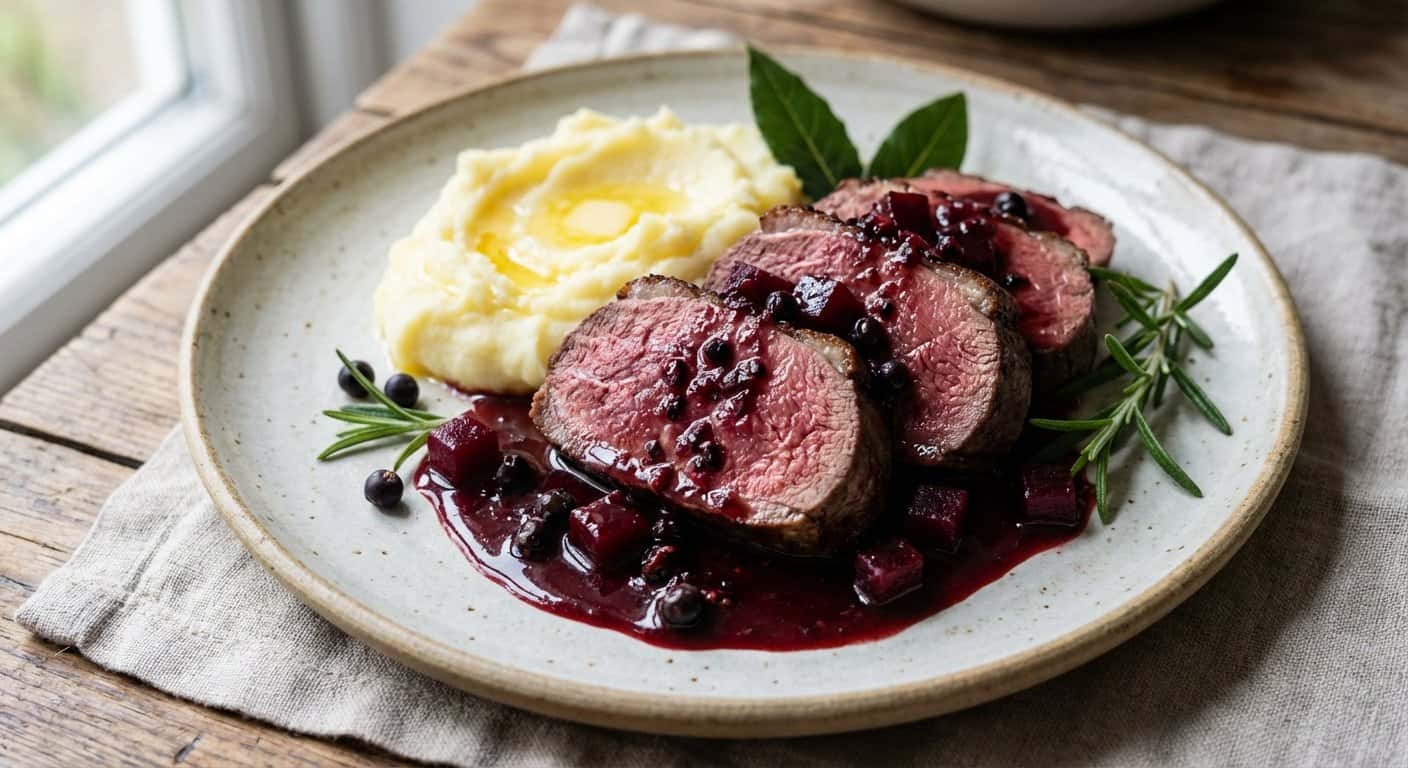 Lomo de Venado con Salsa de Enebro y Remolacha