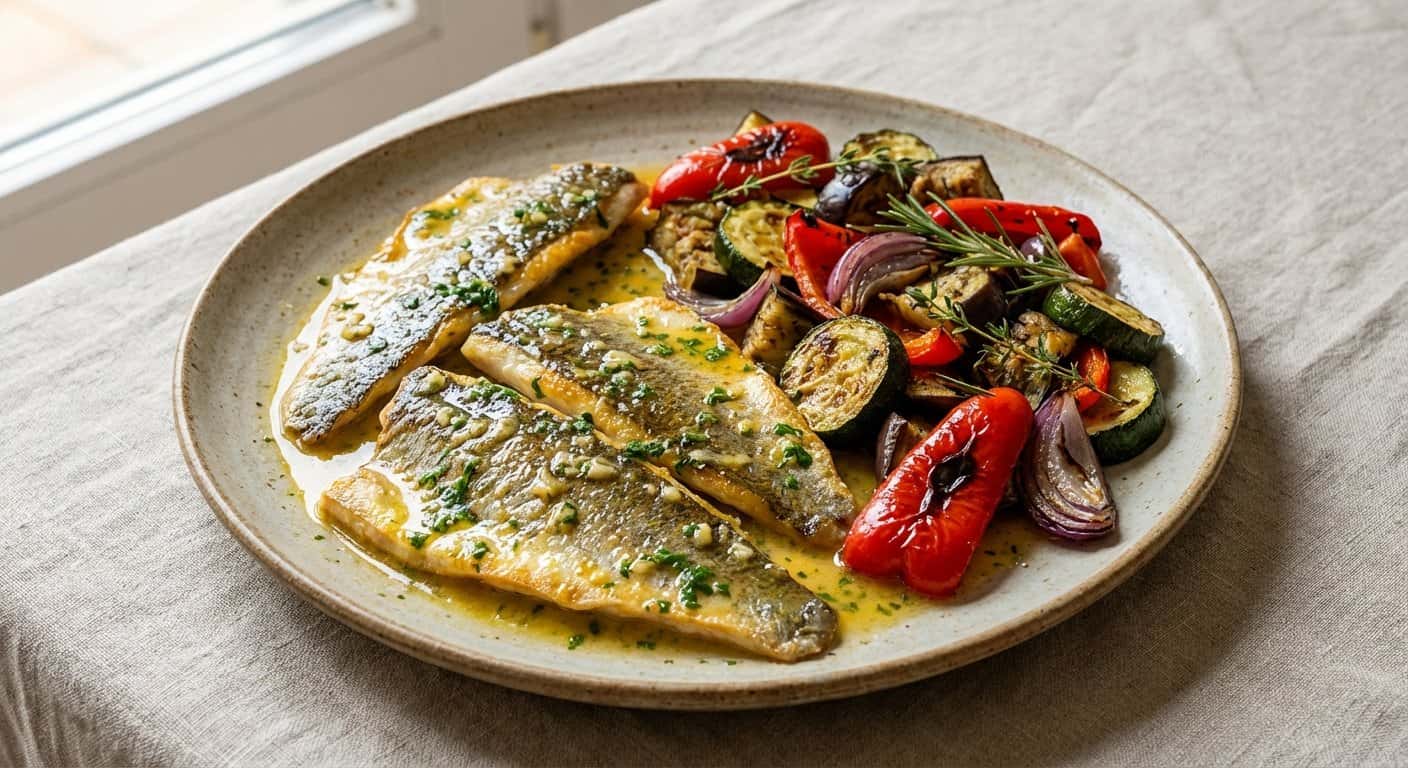 Lubina a la Mantequilla con Verduras Asadas