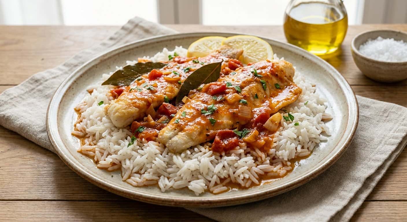 Lubina a la marinera con arroz blanco