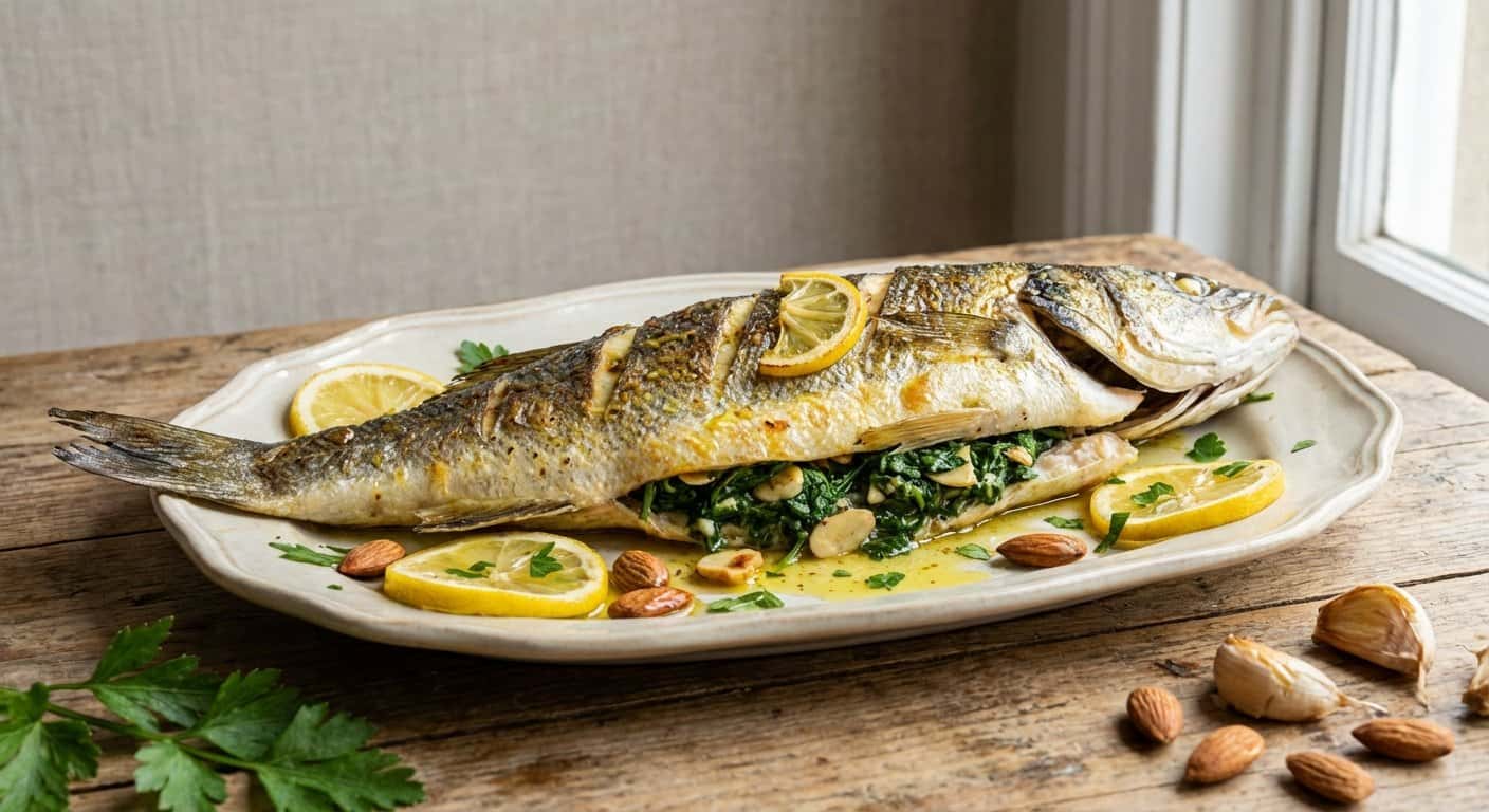 Lubina al horno con farsa de espinacas y almendras