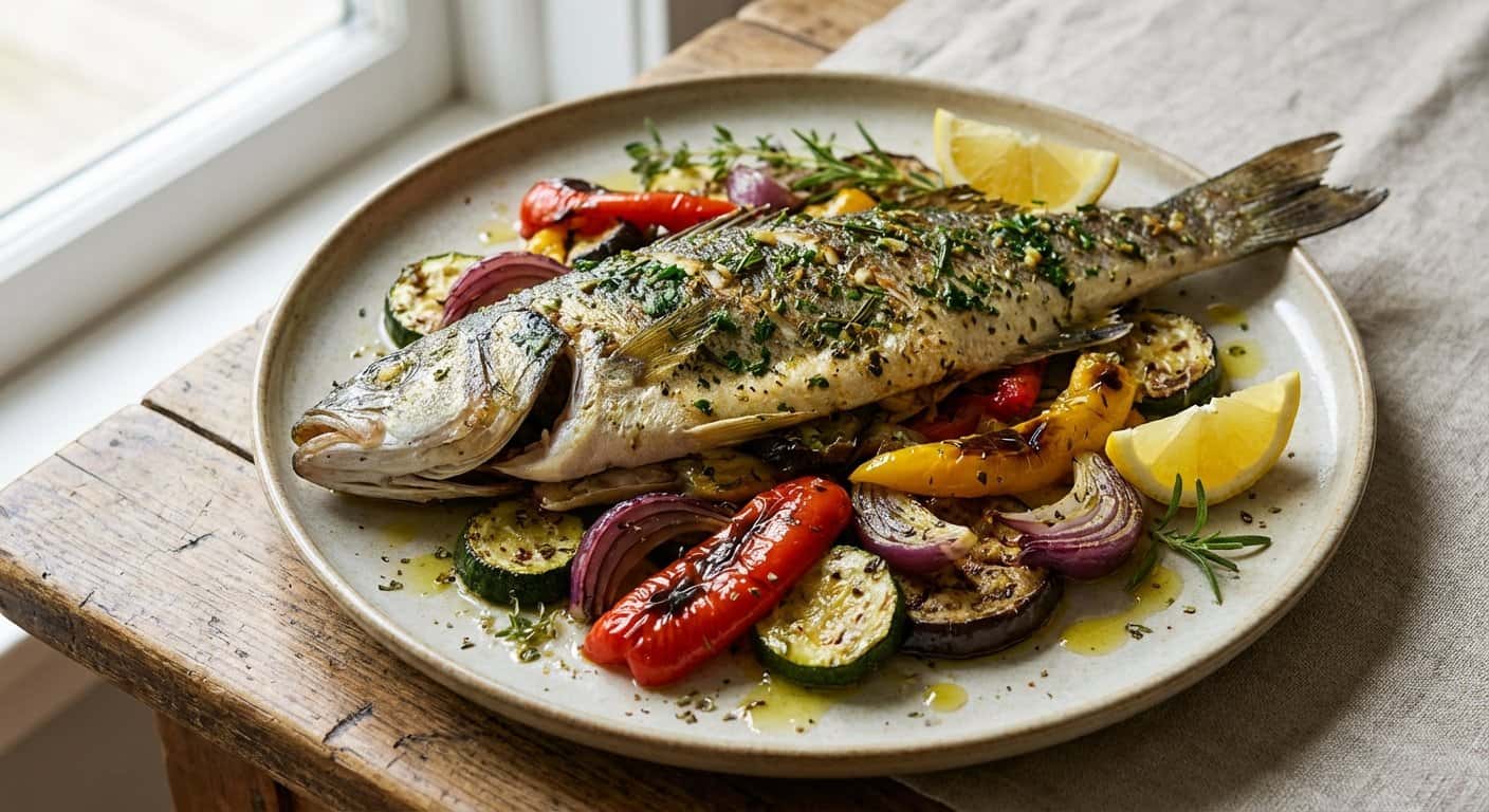 Lubina con costra de hierbas y verduras asadas