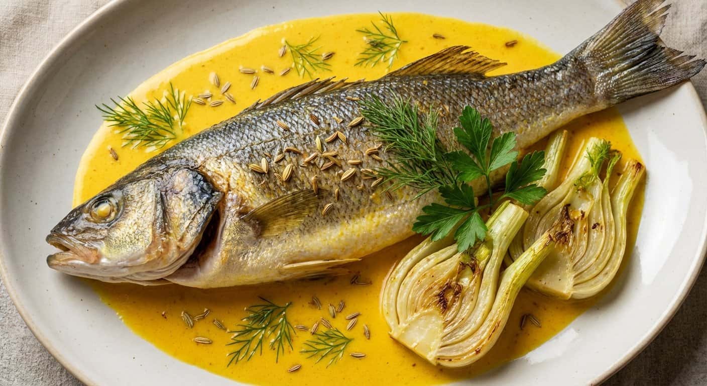 Lubina con salsa de azafrán y hinojo
