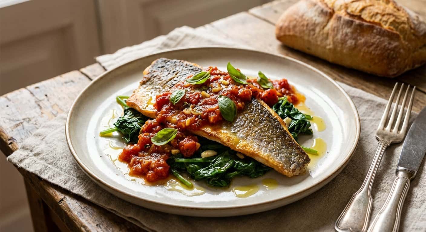 Lubina en Salsa de Tomate con Espinacas Salteadas