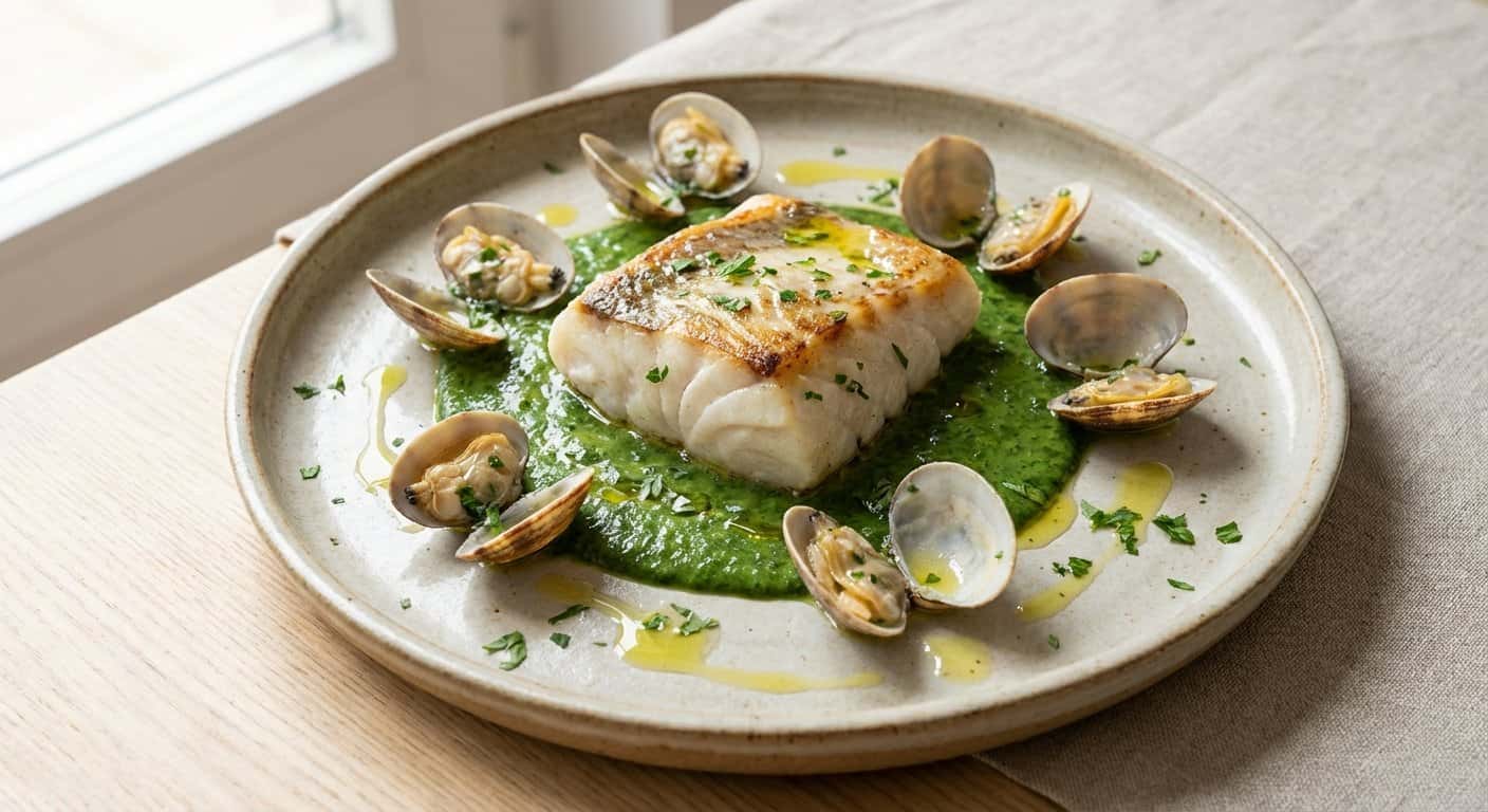 Merluza con Pilpil de Espinacas y Almejas