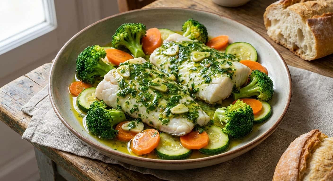 Merluza en salsa verde con verduras al vapor