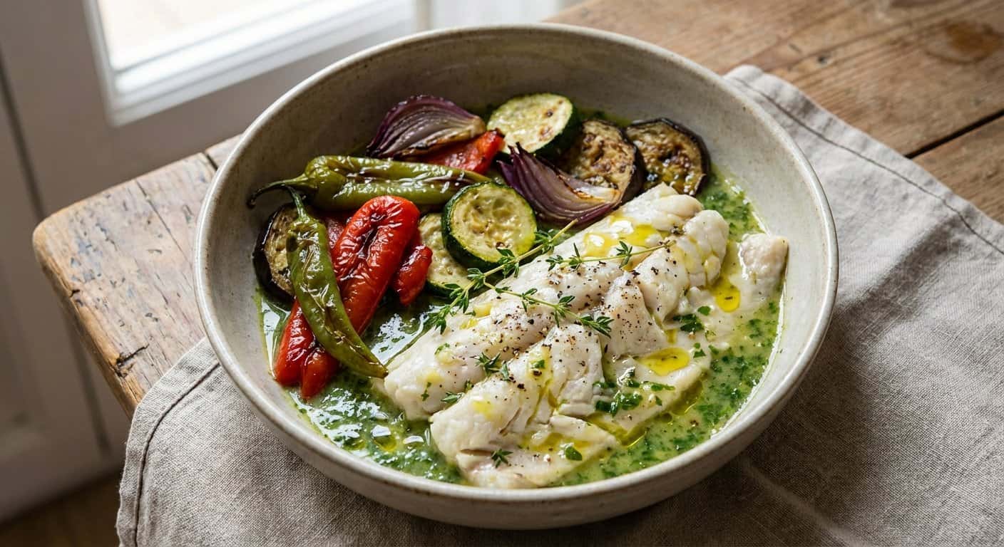 Merluza en salsa verde con verduras asadas