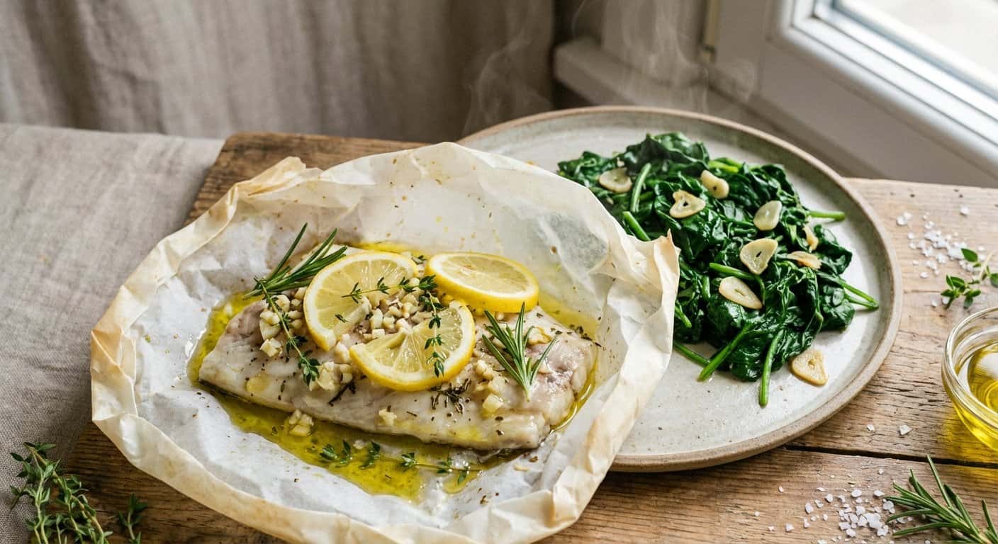 Mero en Papillote con Espinacas Salteadas