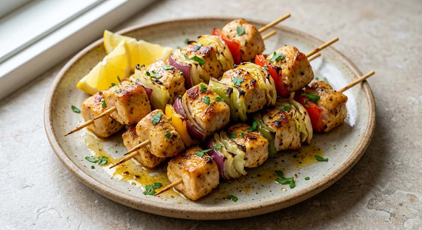 Mini brochetas de pollo con repollo y limón