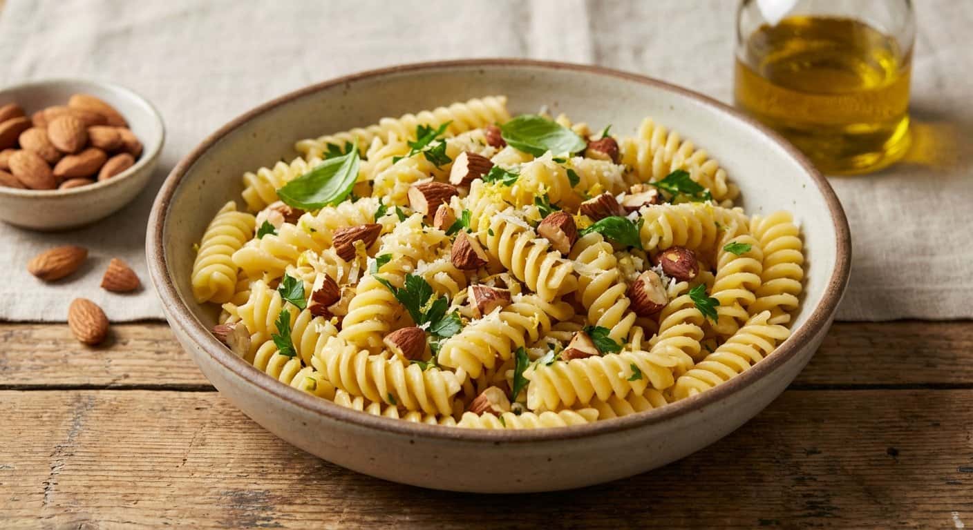 Mini ensalada de pasta con ajo y almendras