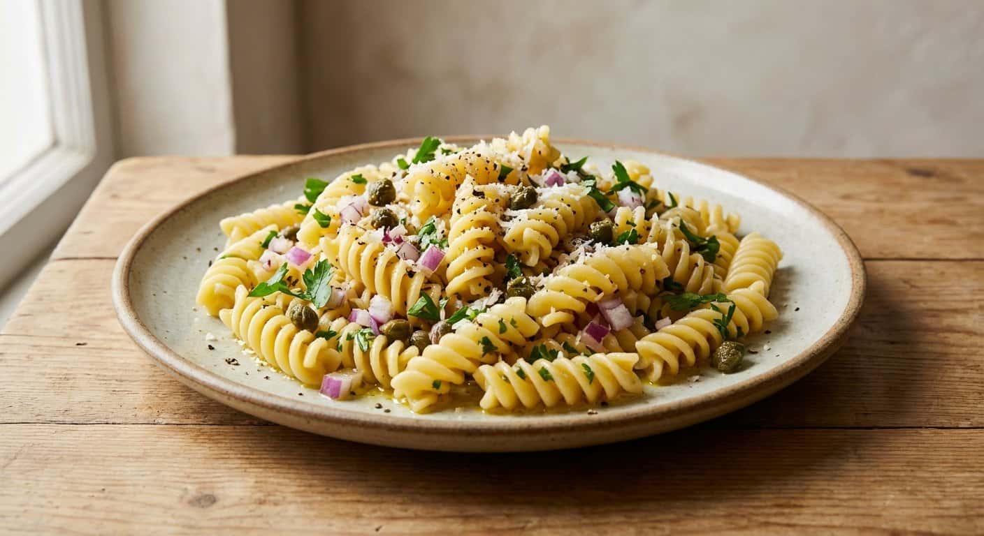 Mini ensalada de pasta con cebolla y alcaparras