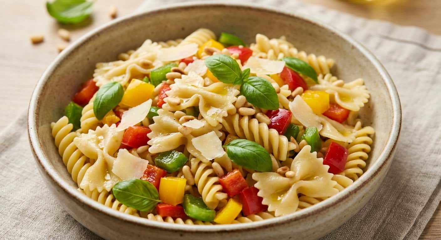 Mini Ensalada de Pasta con Pimientos y Parmesano Ligero