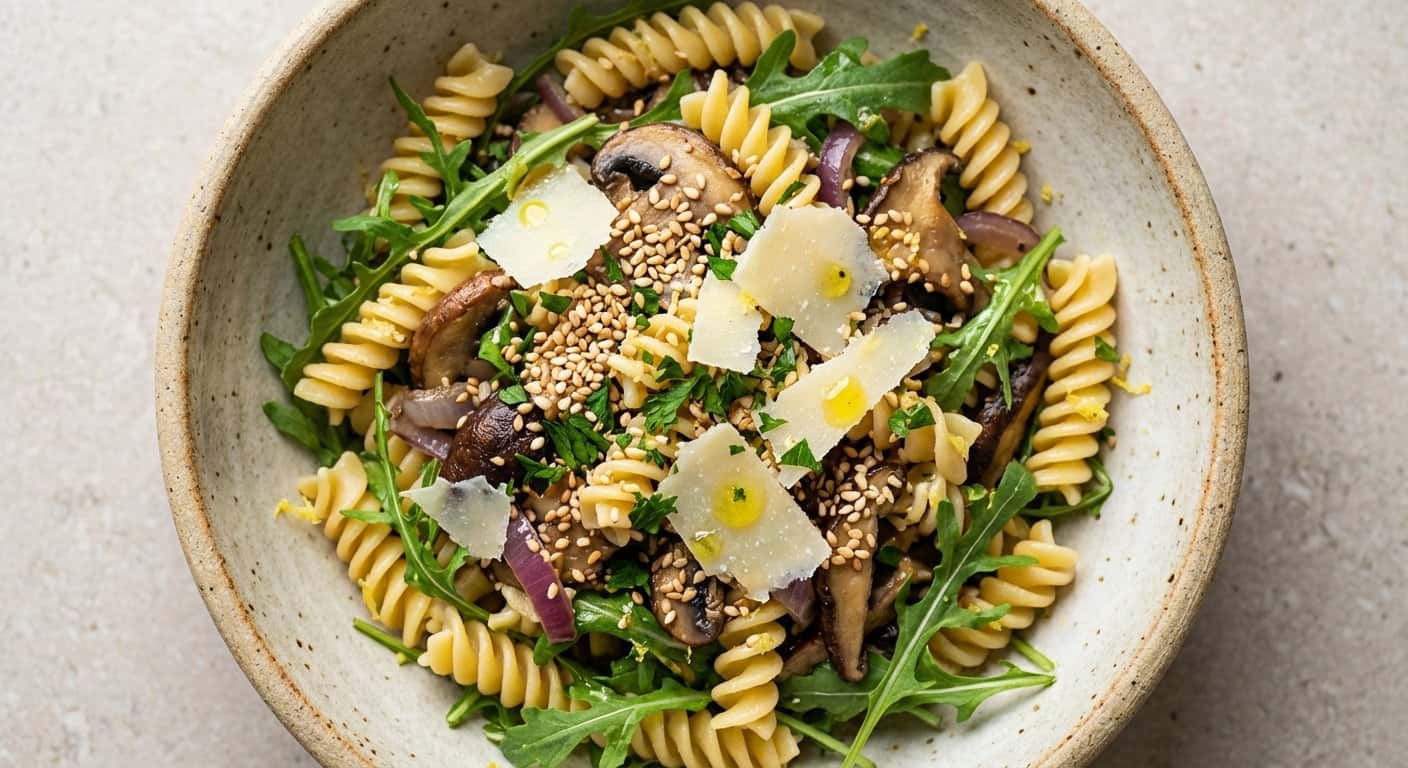 Mini ensalada de pasta con setas y semillas de sésamo