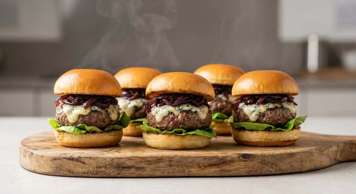 Mini Hamburguesas Gourmet de Ternera con Queso Azul y Cebolla Caramelizada