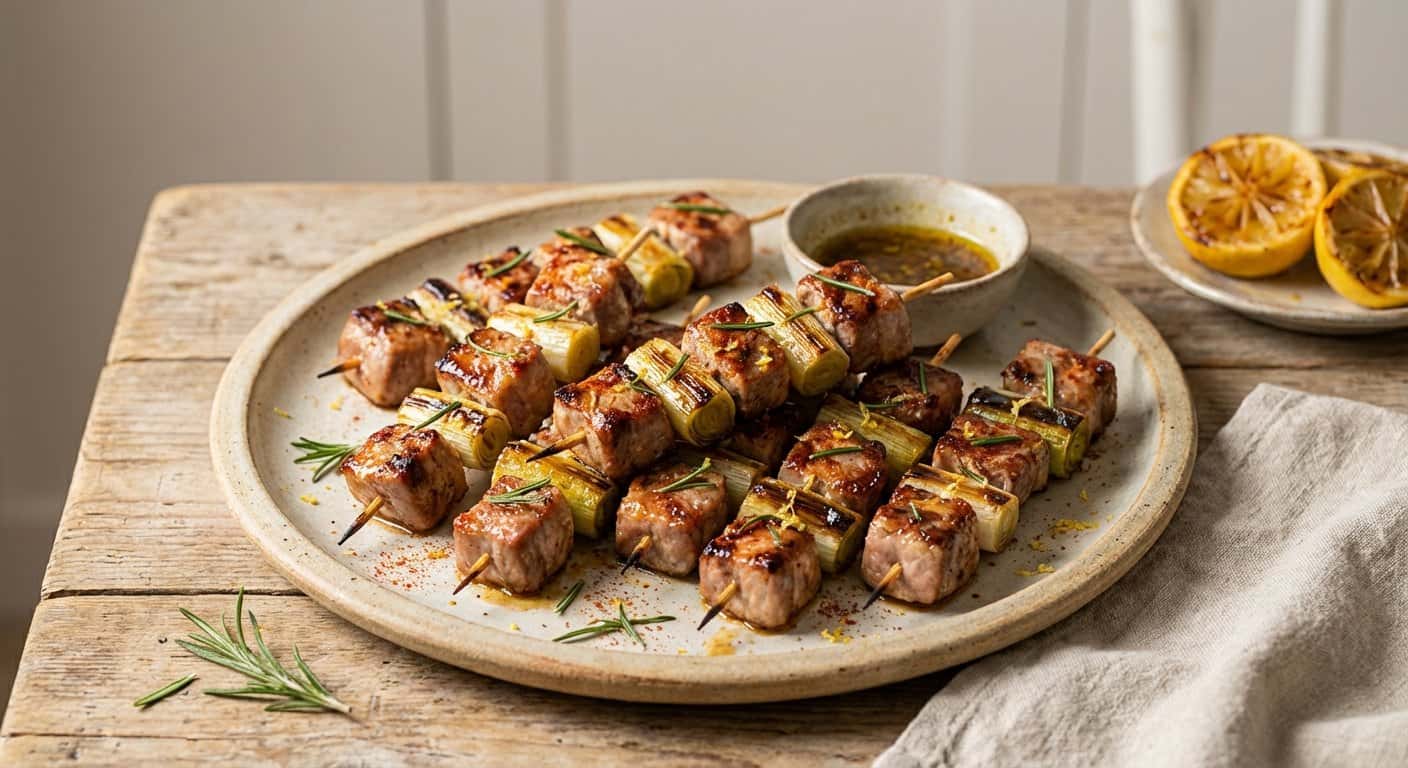 Mini Pinchos de Cerdo al Limón con Puerro