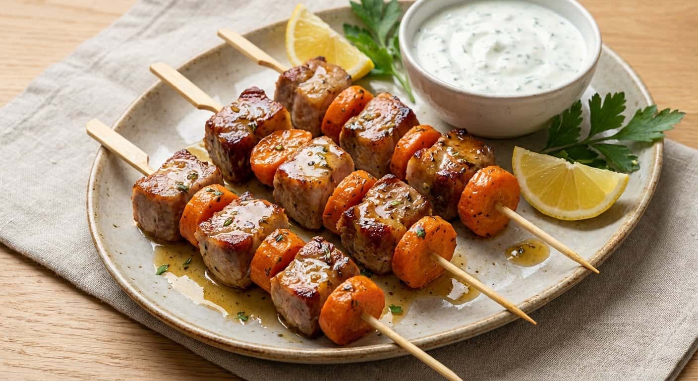 Mini Pinchos de Cerdo al Limón con Zanahoria Asada