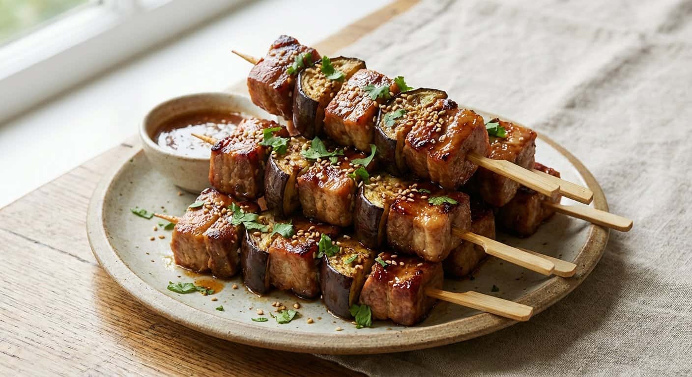 Mini pinchos de cerdo asiático con berenjena