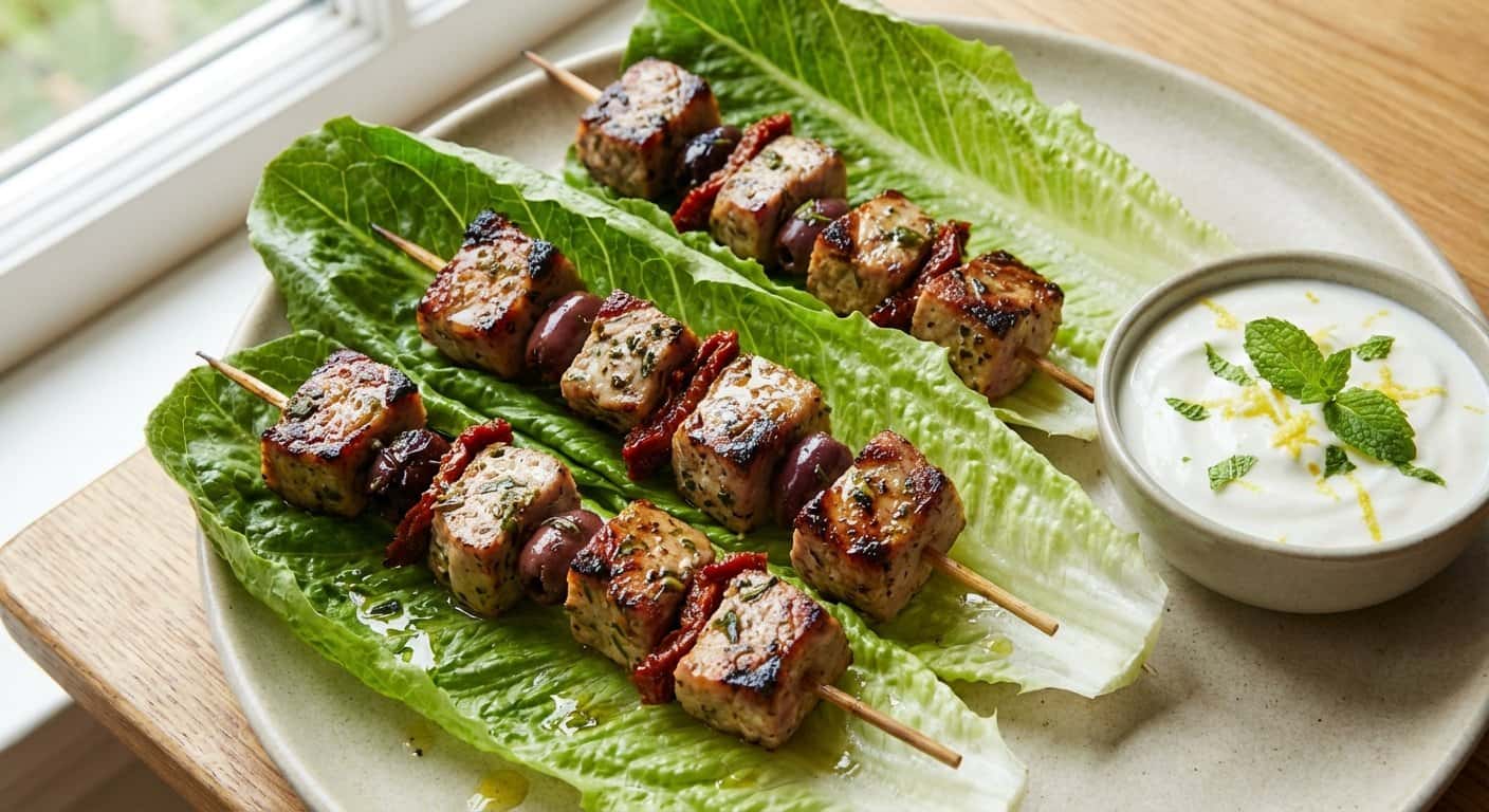 Mini Pinchos de Cerdo Mediterráneo con Lechuga Romana