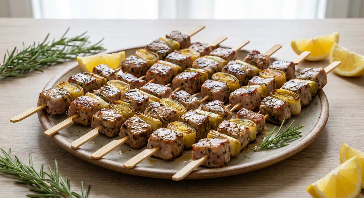 Mini Pinchos de Cerdo Mediterráneo con Puerro