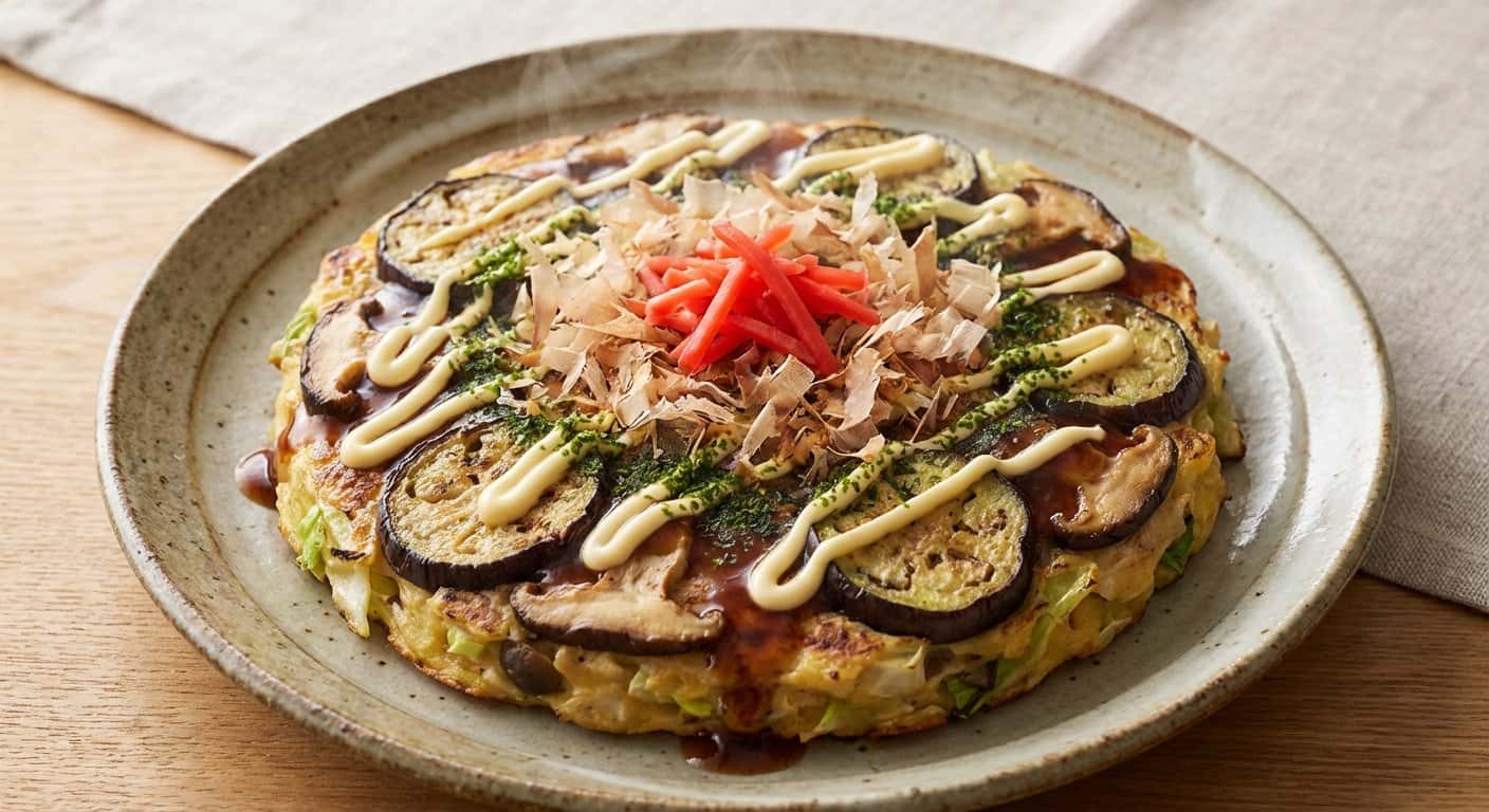 Okonomiyaki con berenjena y shiitake