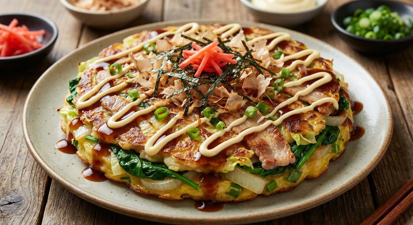 Okonomiyaki con Cerdo y Espinacas