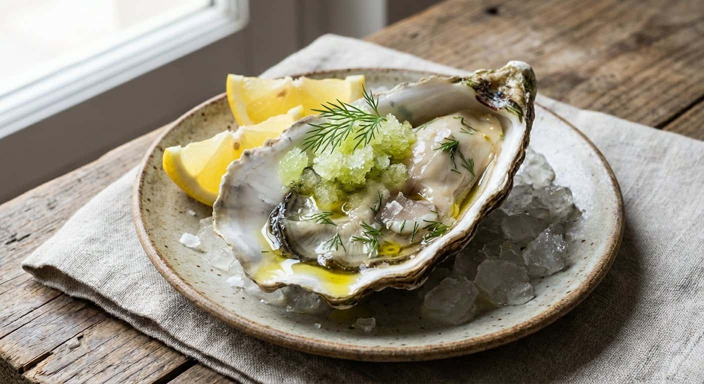 Ostra con granizado de manzana verde y eneldo