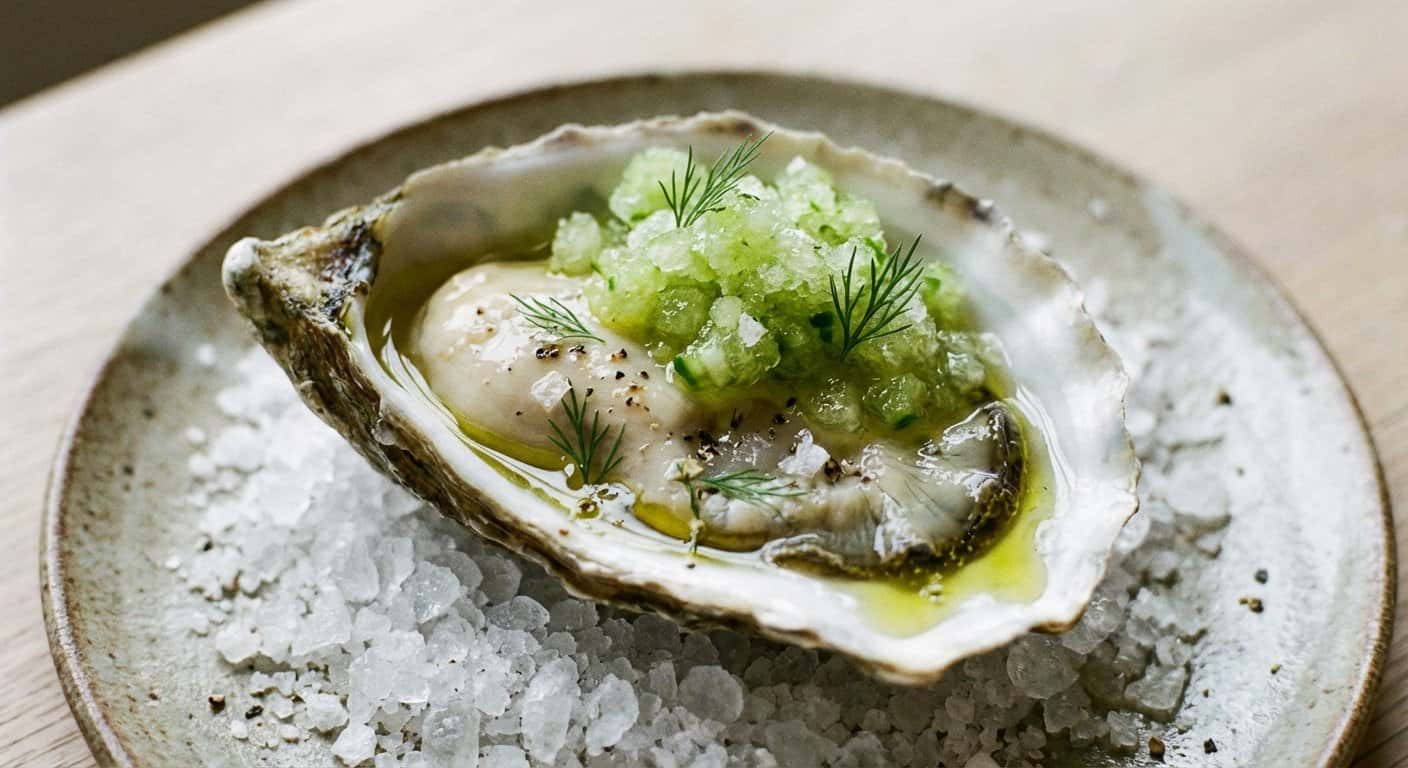 Ostra con granizado de pepino y lima