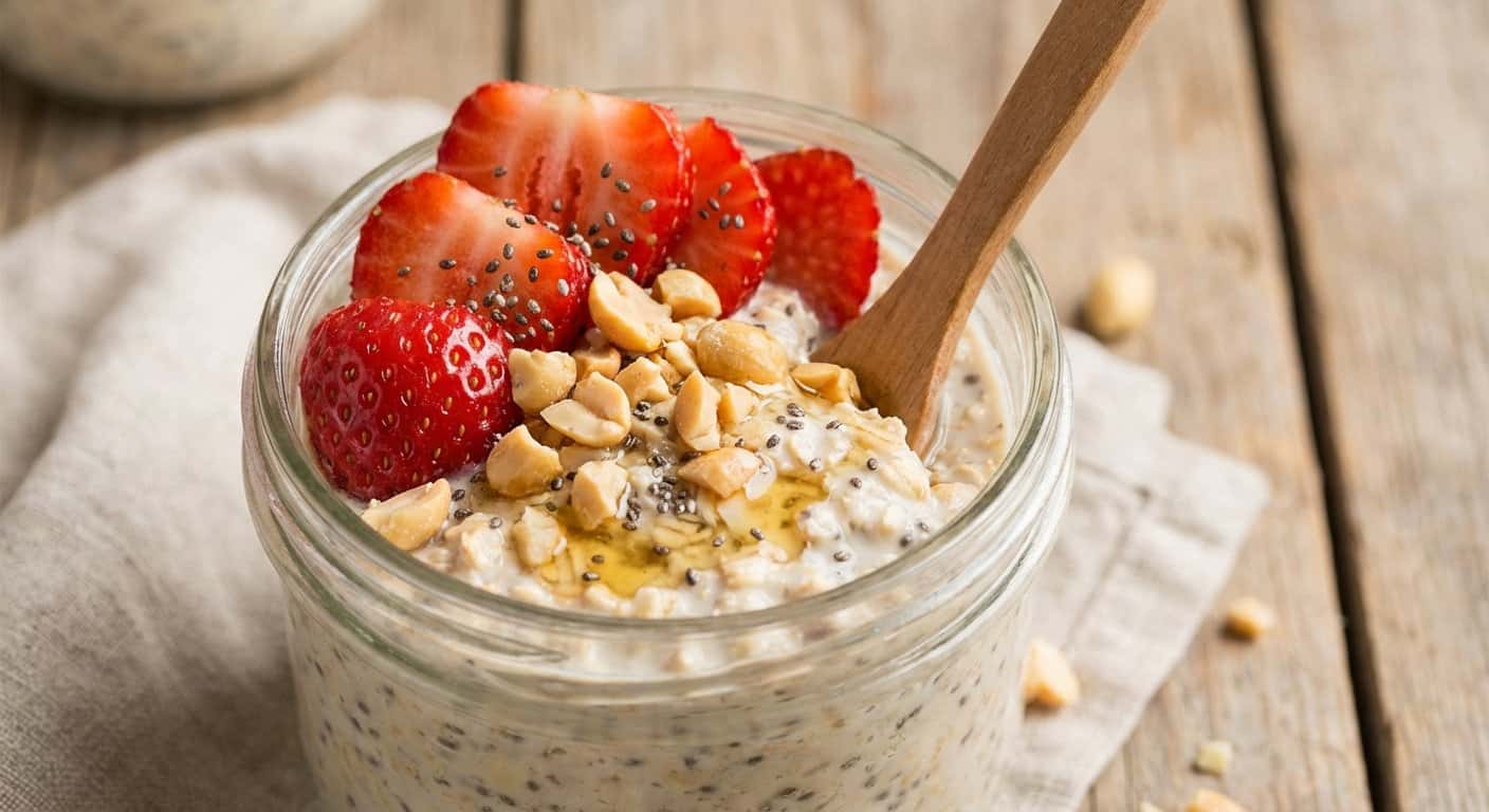 Overnight Oats con Fresa y Cacahuete