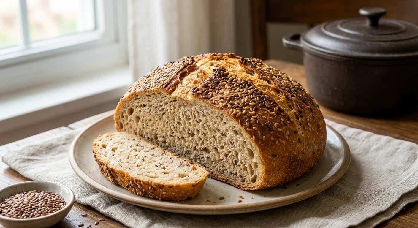 Pan de Molde Integral con Semillas de Lino Horneado en Olla