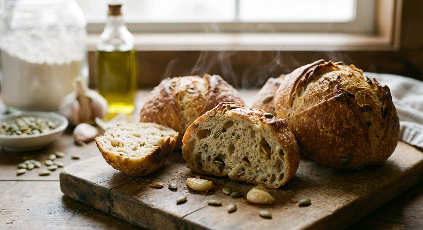 Panecillos de Fermentación Larga con Pipas de Calabaza y Ajo