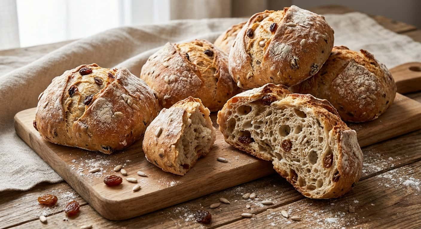 Panecillos de Fermentación Larga con Pipas de Girasol y Pasas
