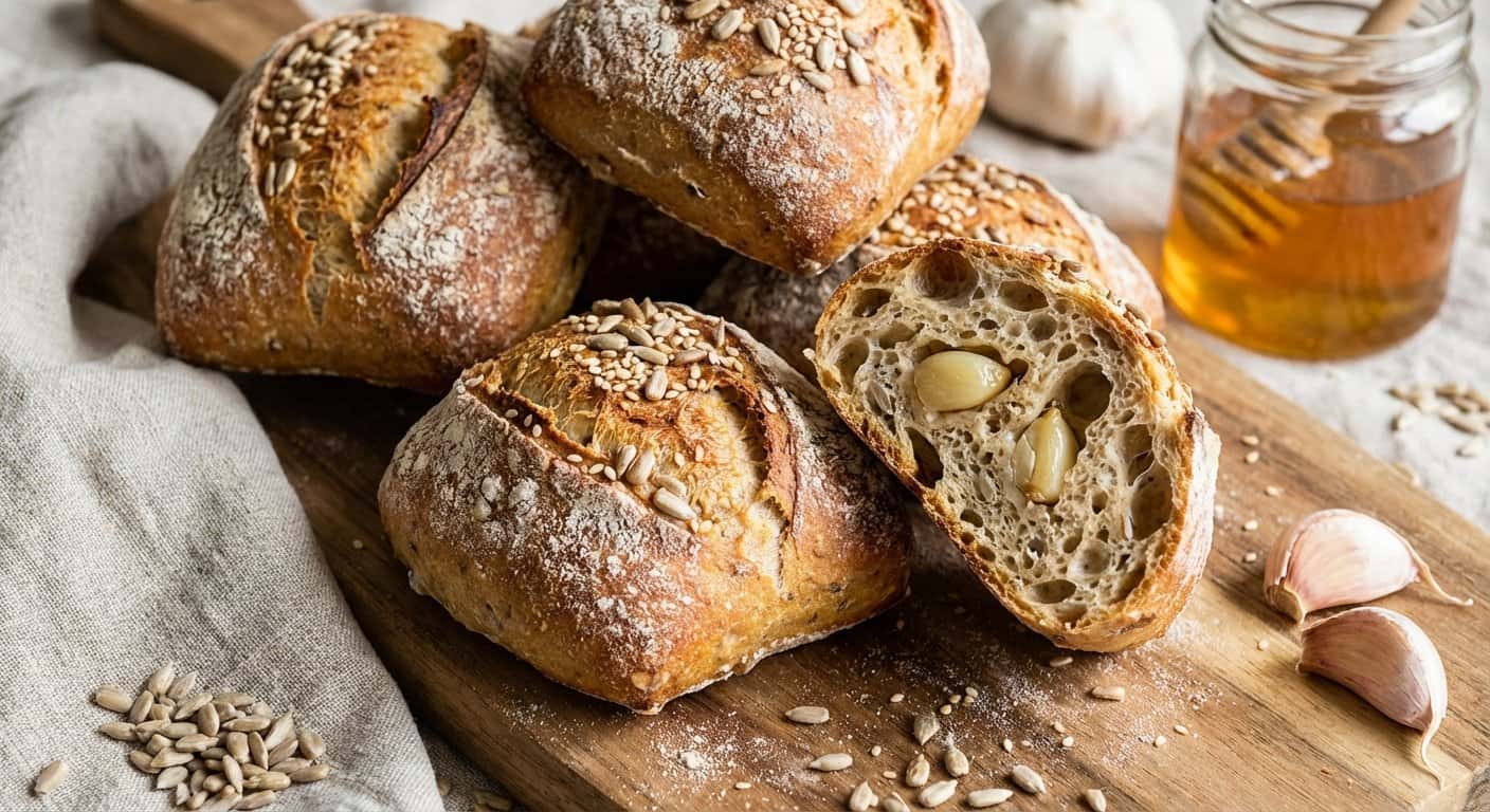 Panecillos fermentación larga con pipas de girasol y ajo