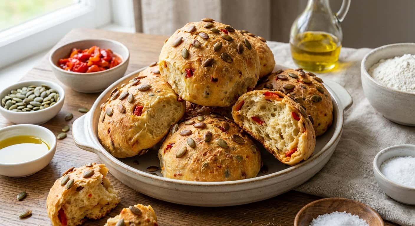 Panecillos sin amasado con pipas de calabaza y pimientos asados