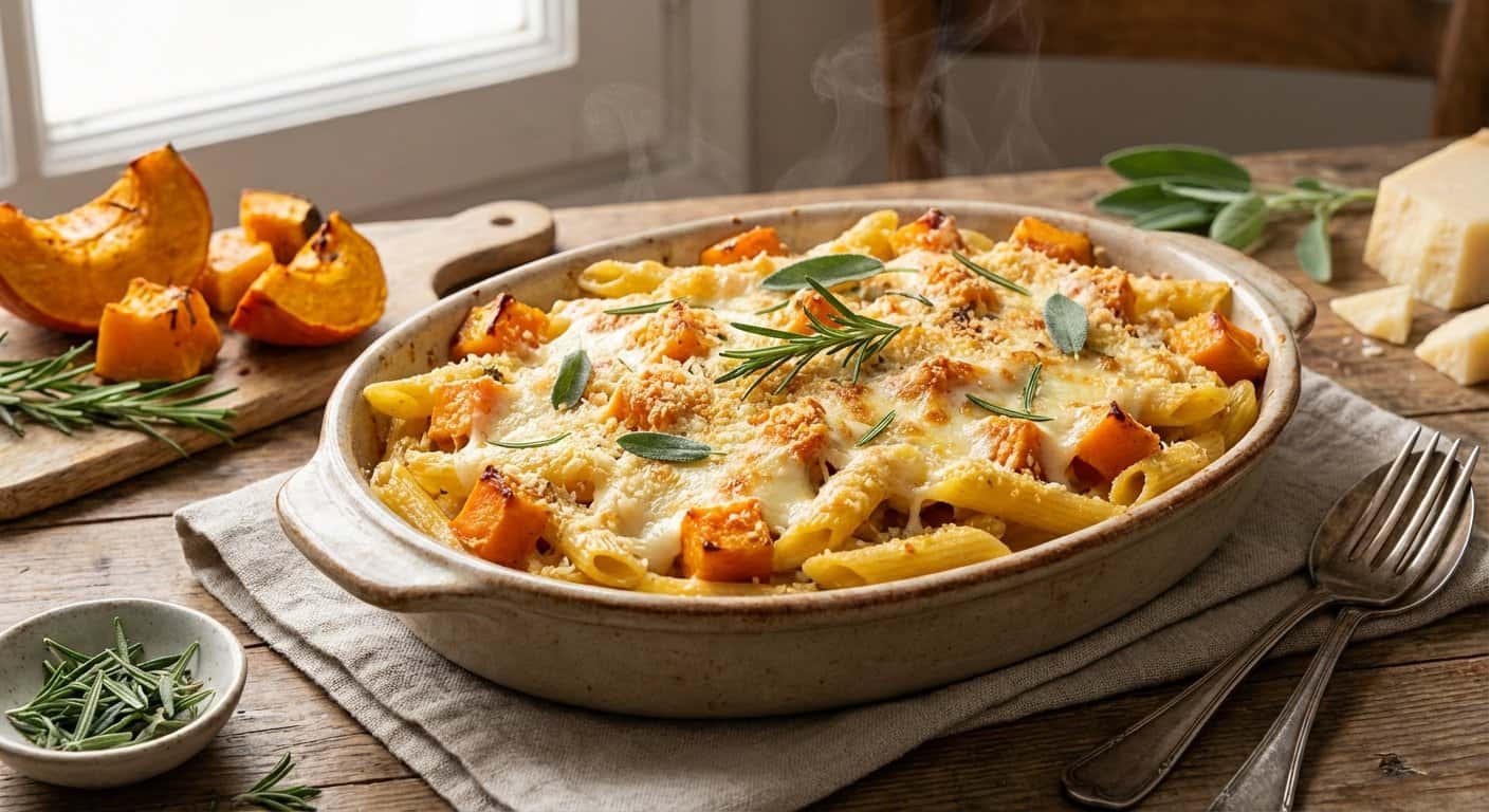 Pasta al horno con calabaza y hierbas