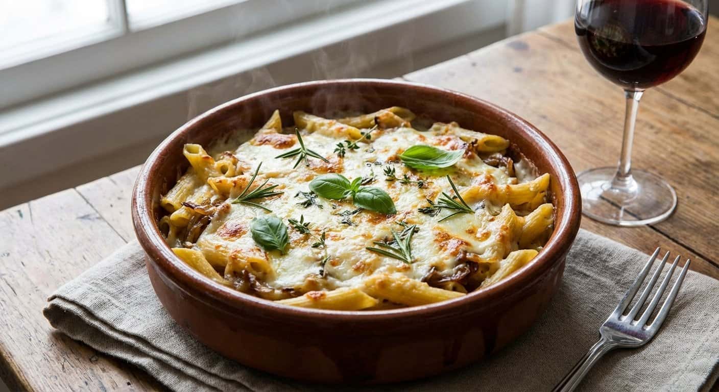 Pasta al Horno con Cebolla Caramelizada y Hierbas Frescas
