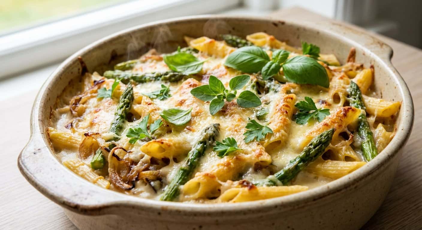 Pasta al horno con espárragos y hierbas