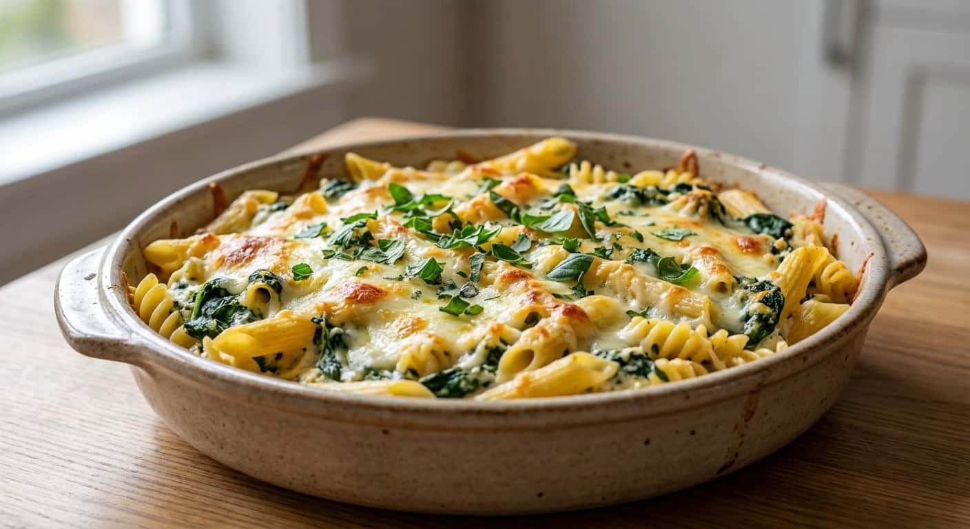 Pasta al horno con espinacas y hierbas