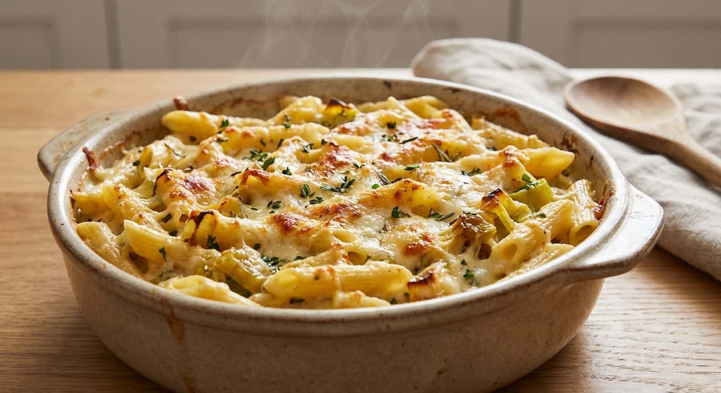 Pasta al horno con puerro y hierbas