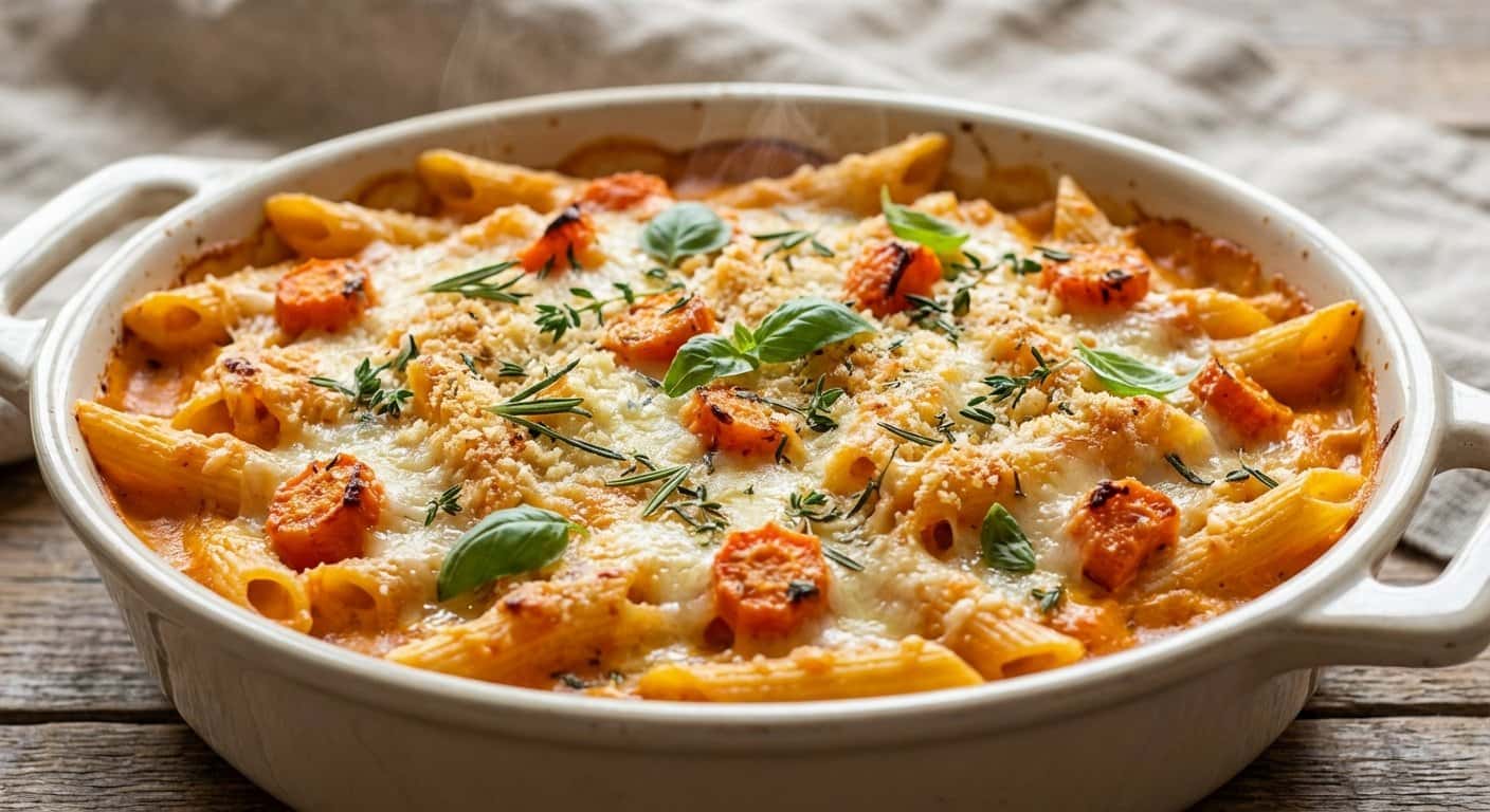 Pasta al horno con zanahoria y hierbas