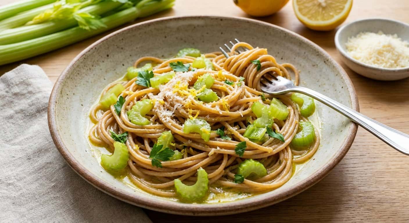 Pasta integral con apio y salsa de limón