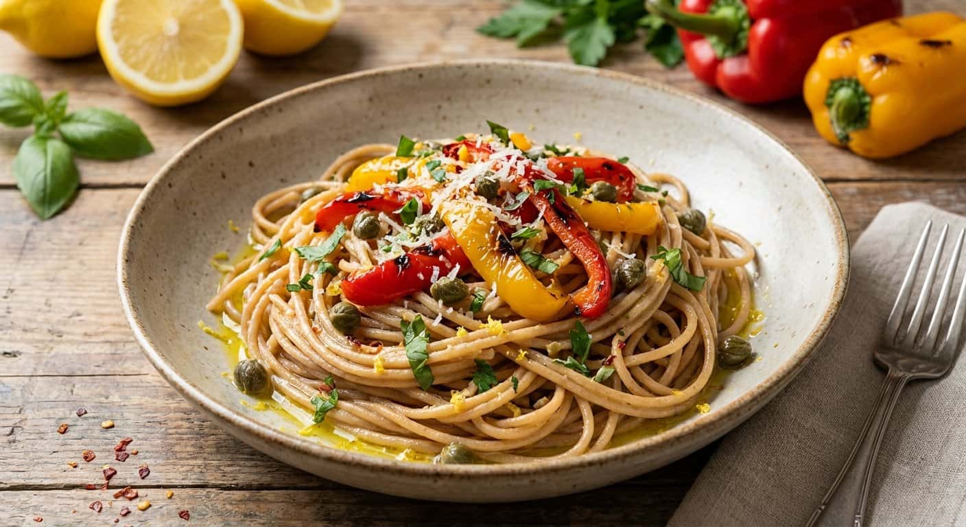 Pasta Integral con Pimientos y Salsa de Limón