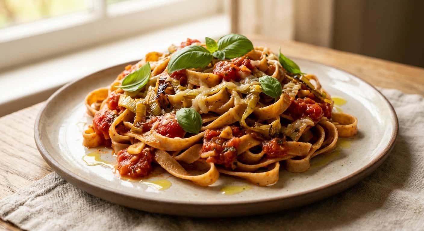 Pasta Integral con Puerro y Salsa de Tomate Natural