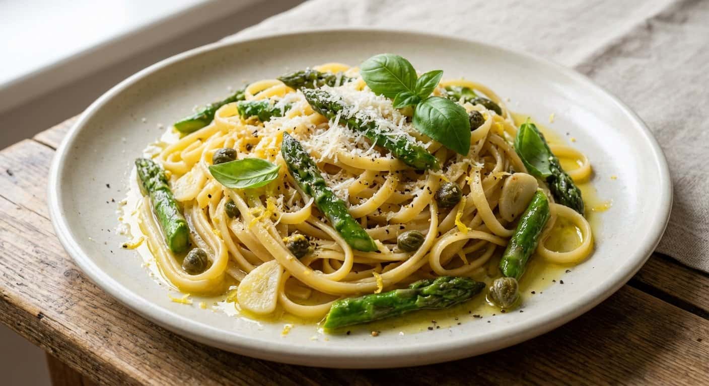 Pasta Mediterránea con Espárragos y Alcaparras