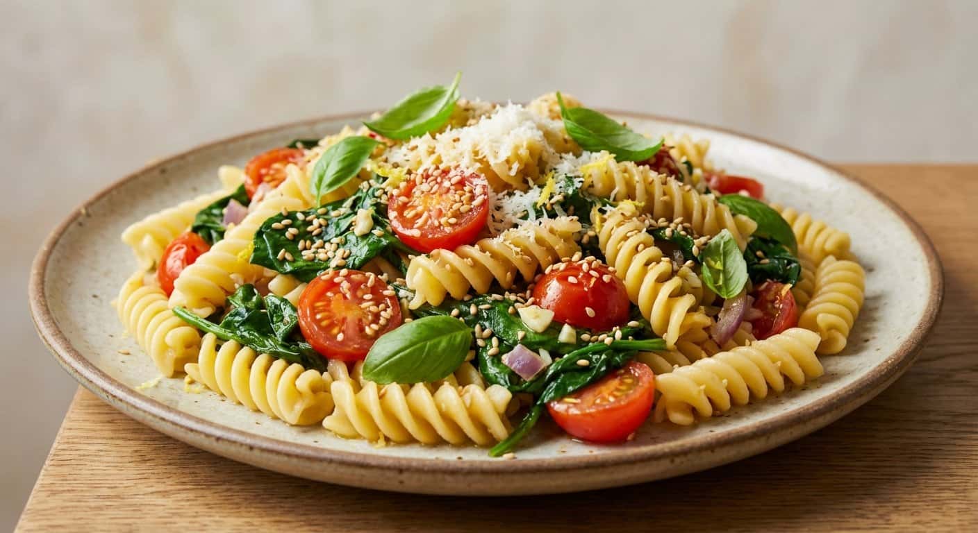 Pasta Mediterránea con Espinacas y Semillas de Sésamo