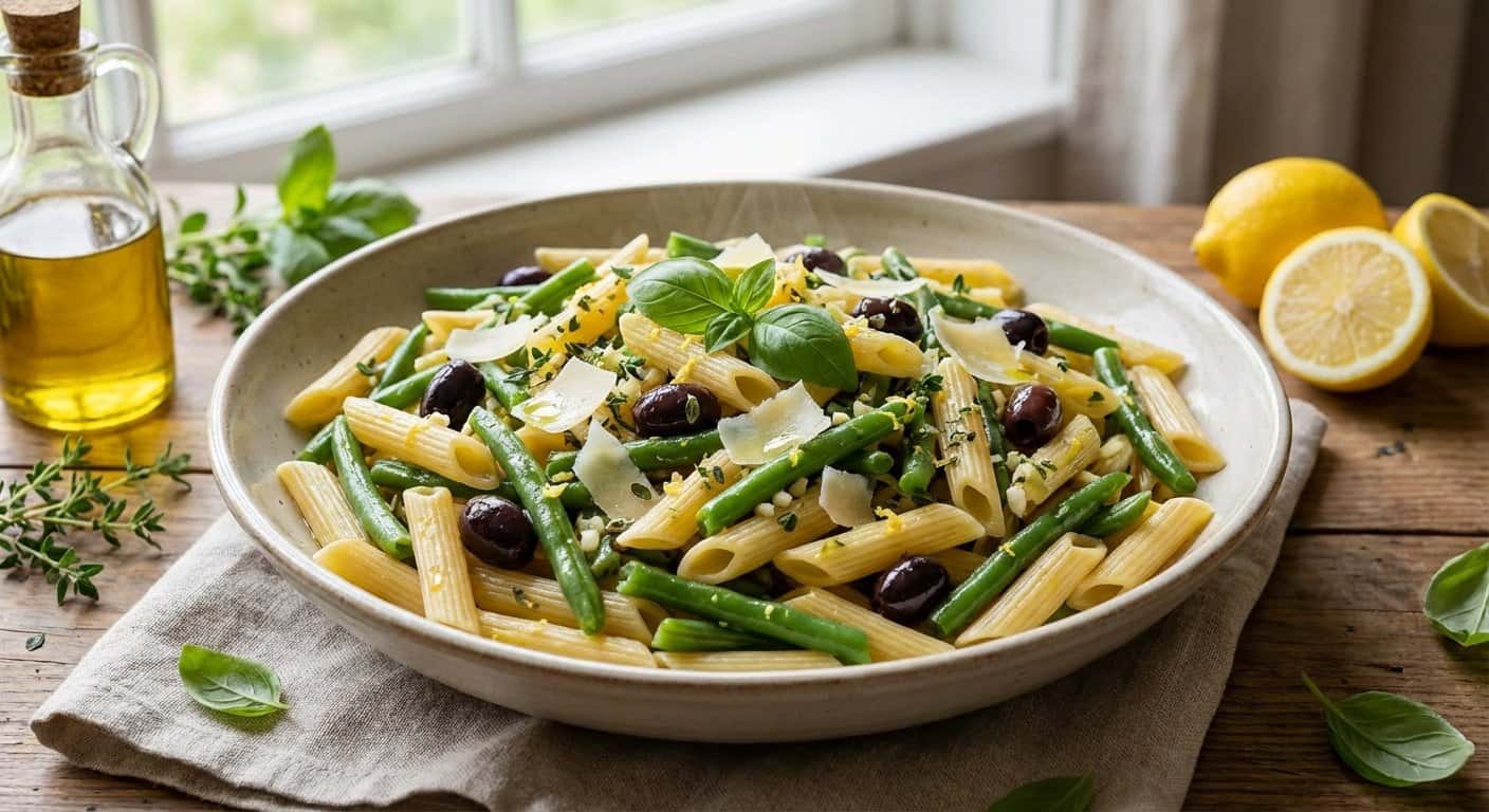Pasta Mediterránea con Judías Verdes y Aceitunas