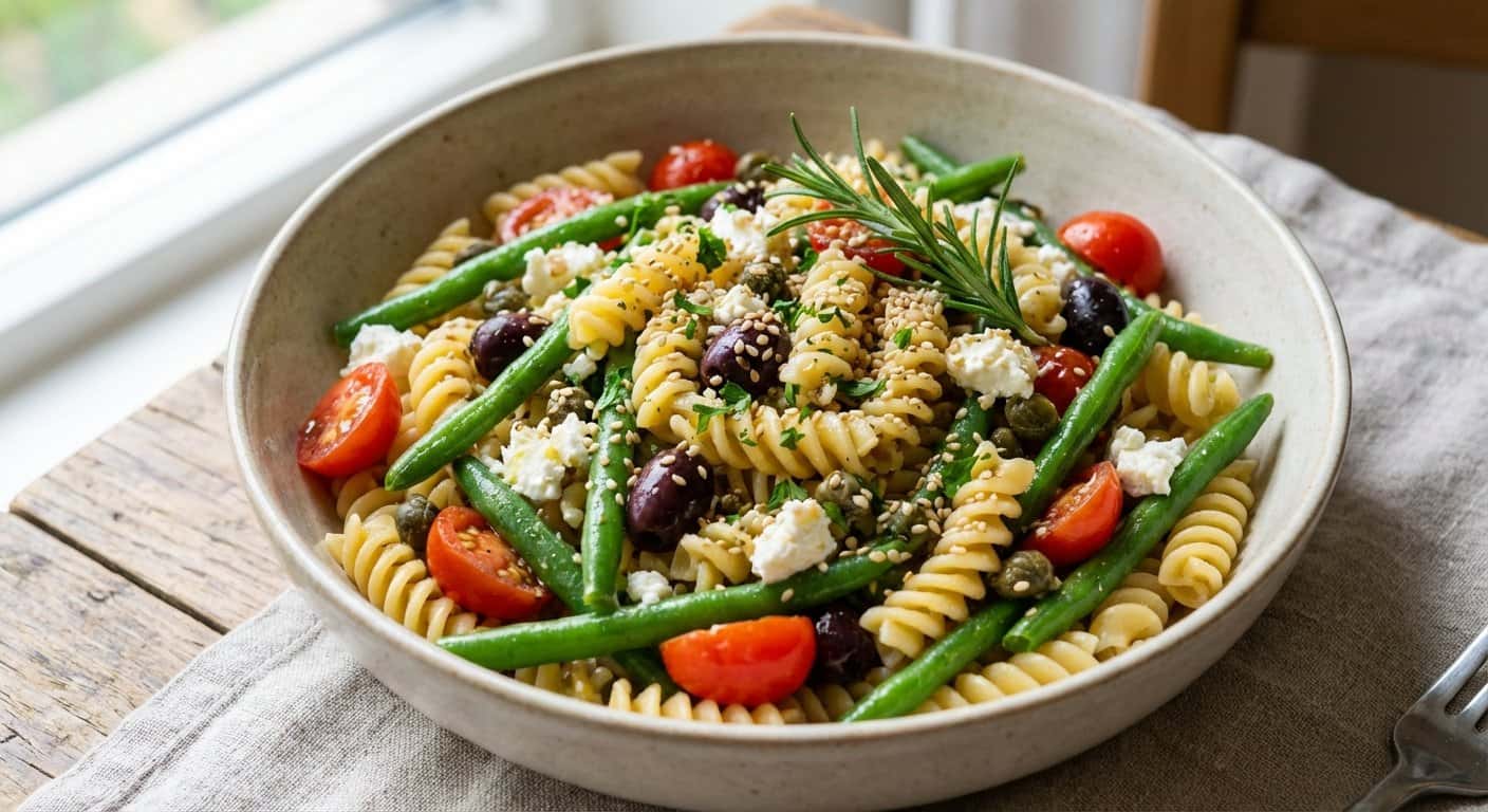 Pasta Mediterránea con Judías Verdes y Semillas de Sésamo