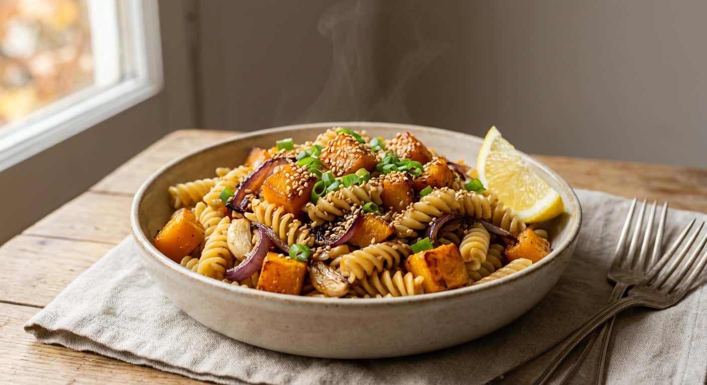 Pasta Salteada con Calabaza y Semillas de Sésamo