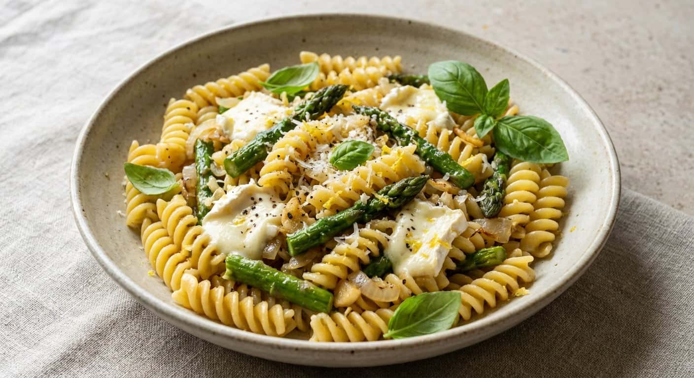 Pasta Salteada con Espárragos y Queso Fresco