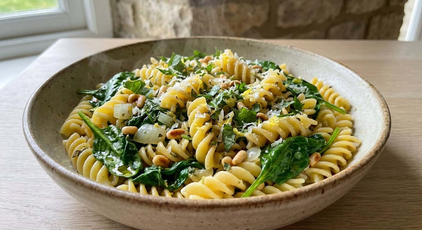 Pasta salteada con espinacas y hierbas frescas