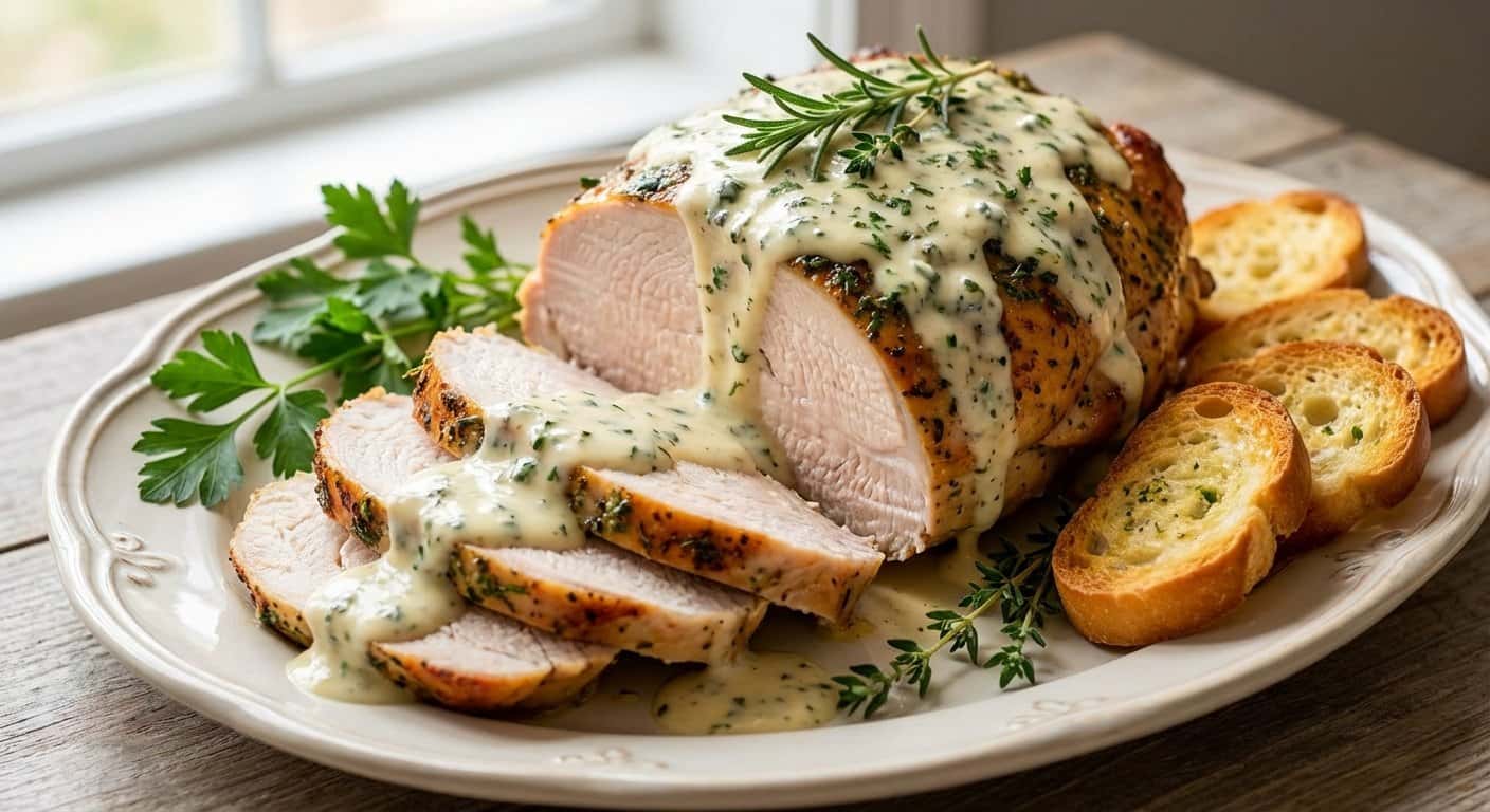 Pavo con mantequilla y hierbas con salsa de queso